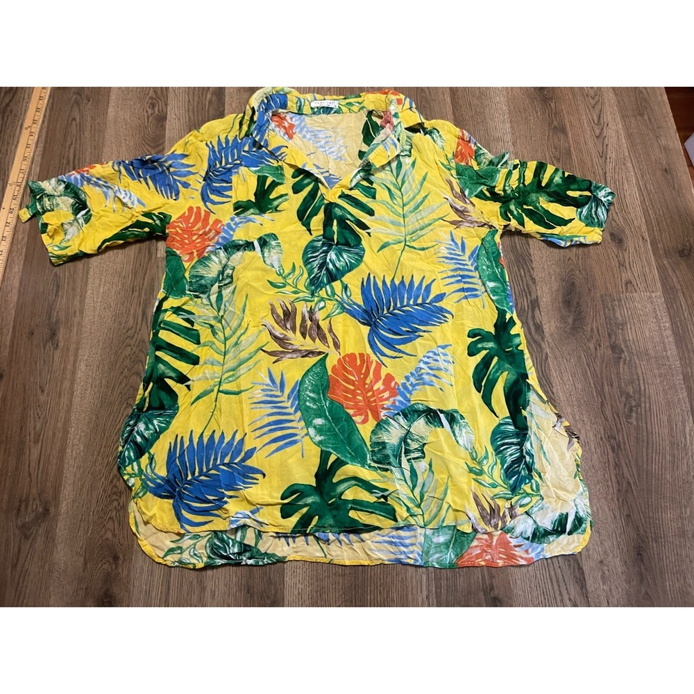Ekouaer Shirt, Men's Size XL, Yellow Green, V-neck, Hawaiian, Short Sleeve